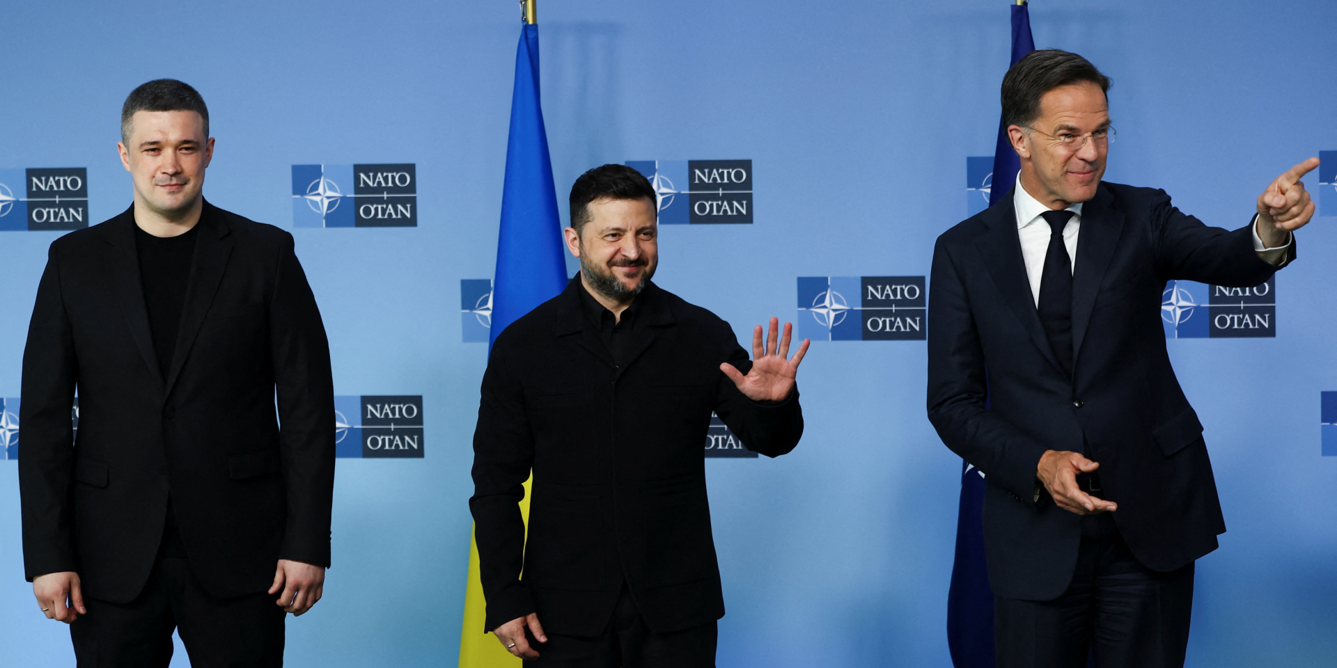Михайло Федоров, Володимир Зеленський та&nbsp;генеральний секретар НАТО Марк Рютте на&nbsp;зустрічі у&nbsp;форматі «Рамштайн» у&nbsp;Брюсселі 18 червня 2026 року (Фото: REUTERS/Stoyan Nenov)