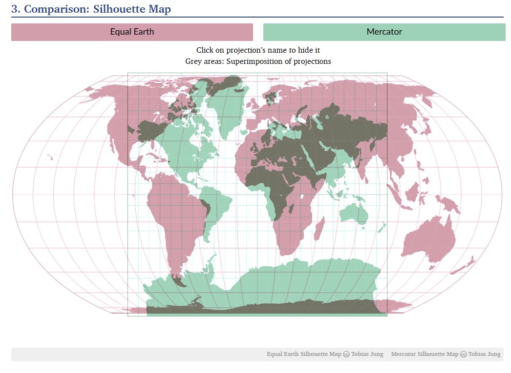 Порівняння проєкцій Equal Earth і Меркатора (Equal Earth - червоним) (Фото: map-projections.net)