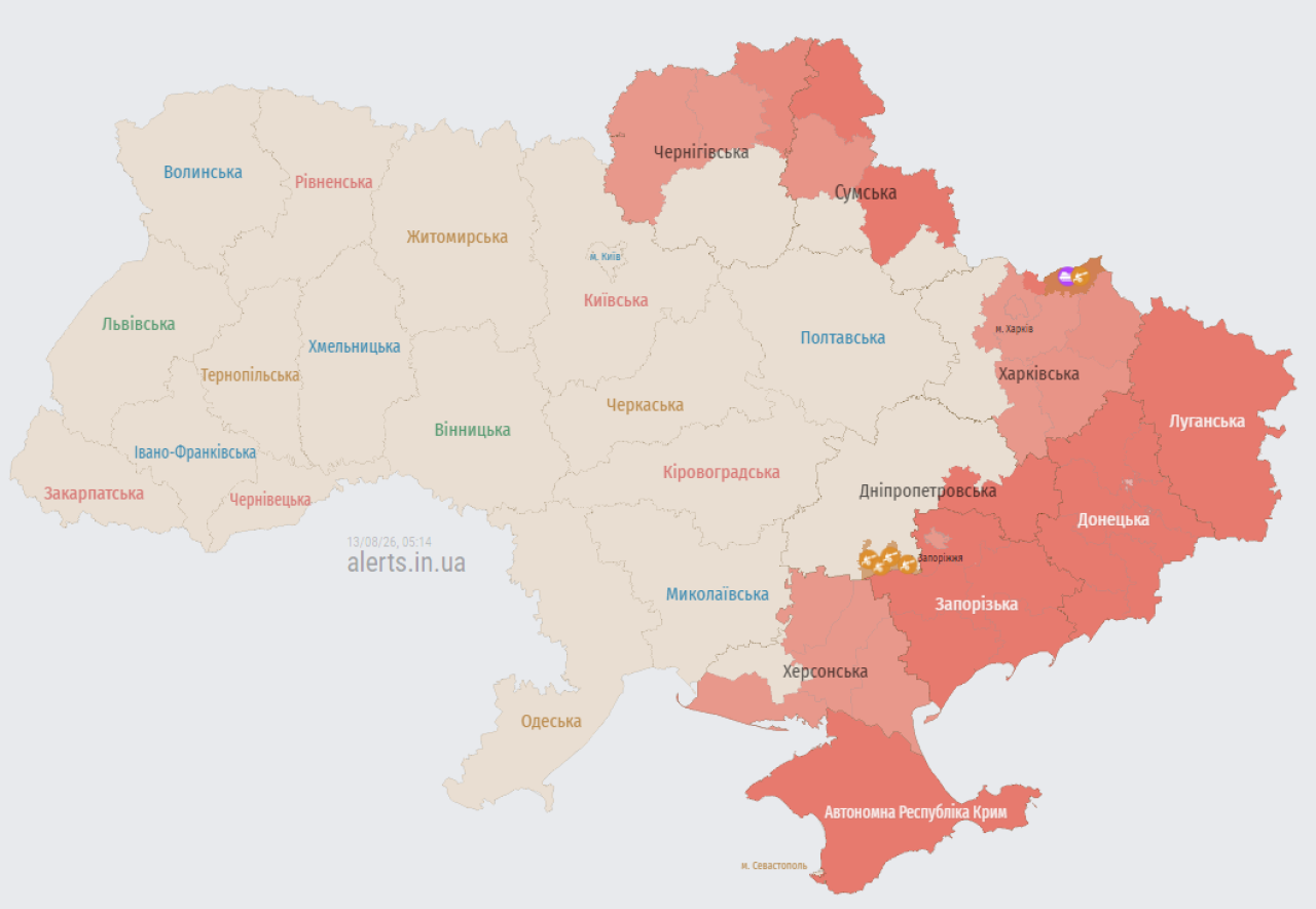 Мапа повітряних тривог в Україні станом на 05:14 13 серпня 2026 року (Фото: alerts.in.ua)